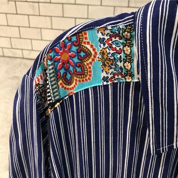 Calessa Shirt Womens 2XL Blue Stripe Boho Patchwork Button Front Roll Tab New - Picture 3 of 10